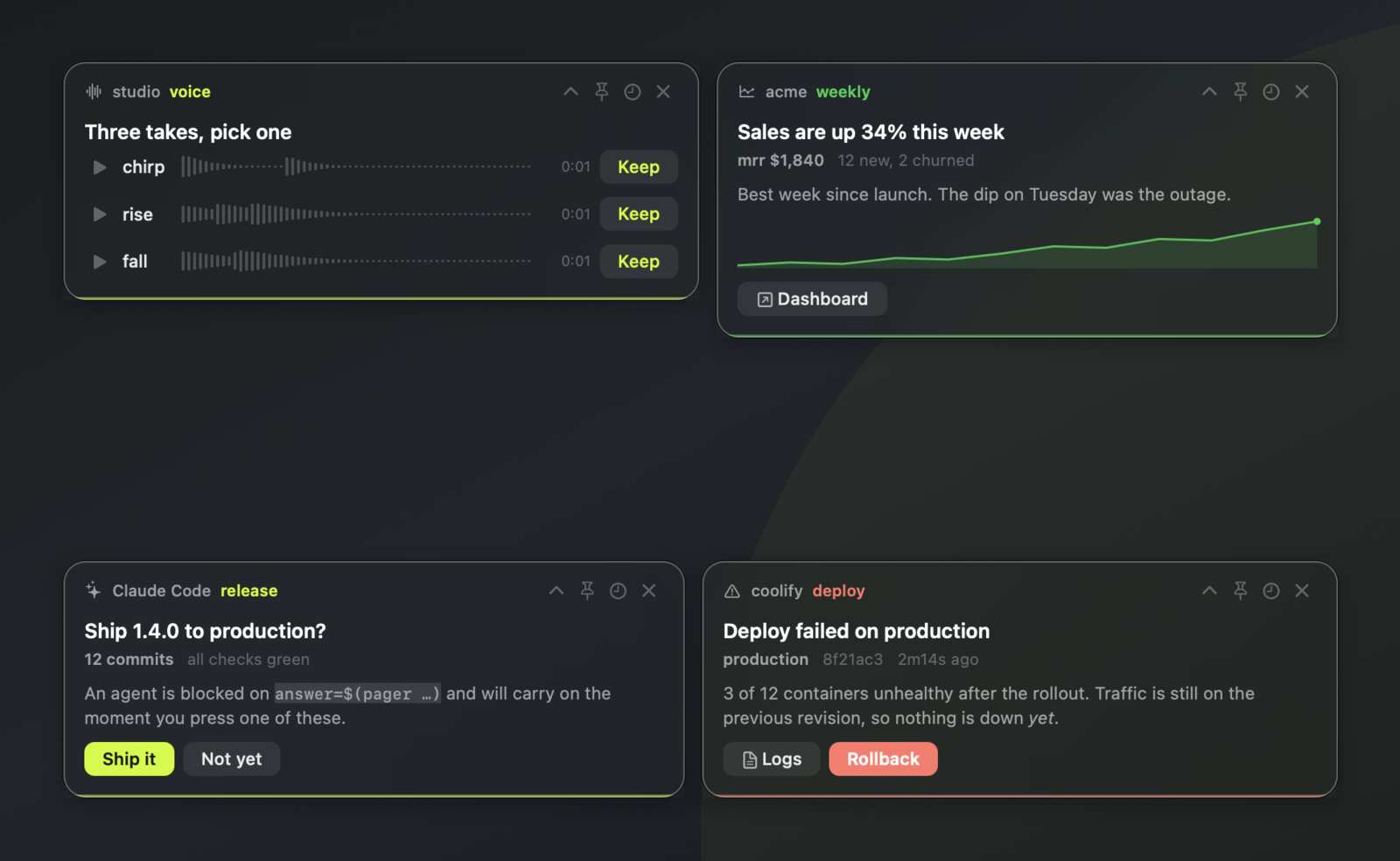 Pager panels can carry actions, charts, audio, and decisions