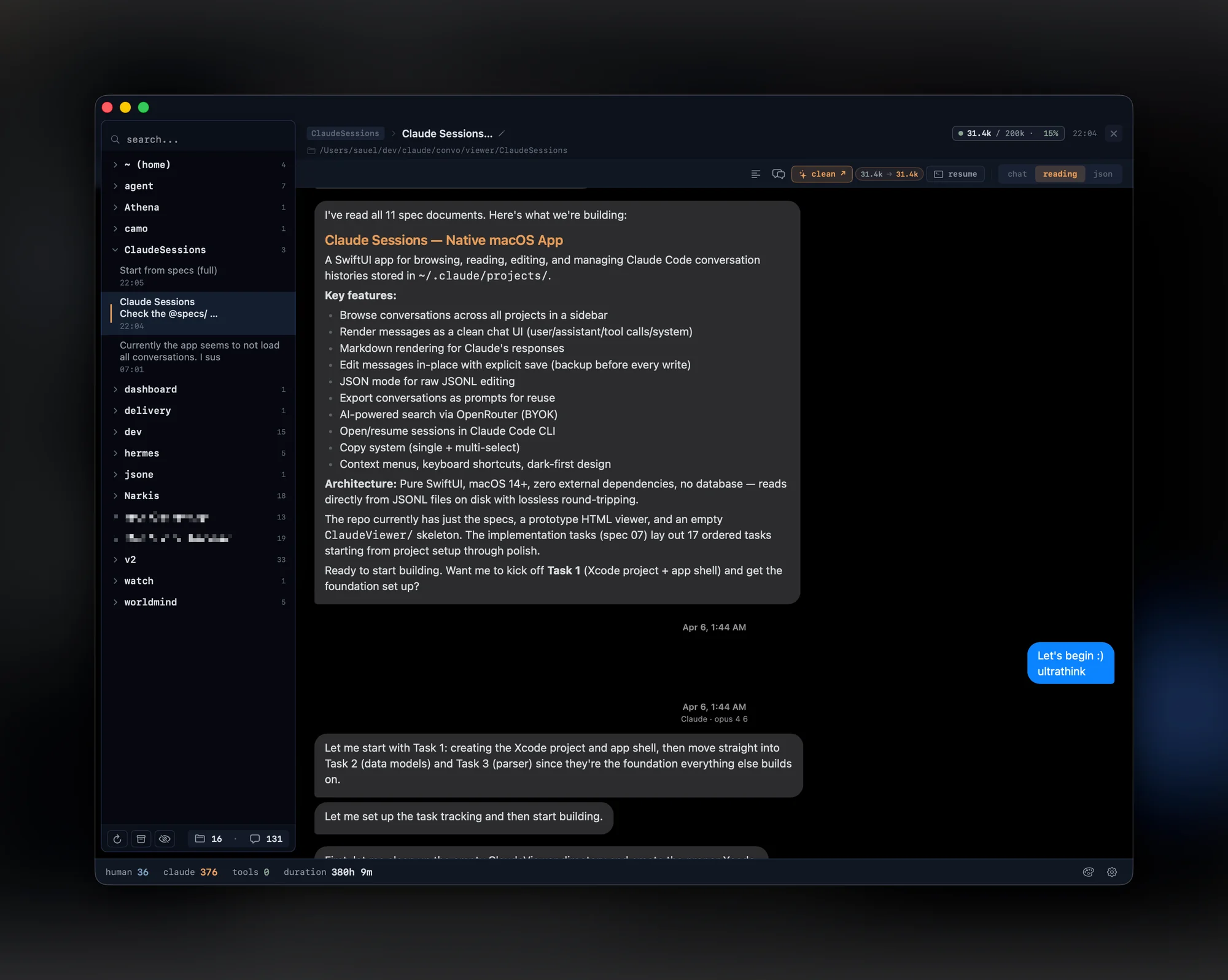Claude Sessions DARK theme